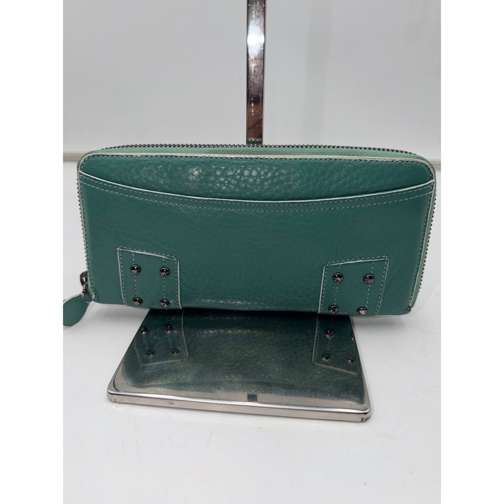 Cole Haan Teal Pebbled Leather Zip Around Studded Continental Wallet Green